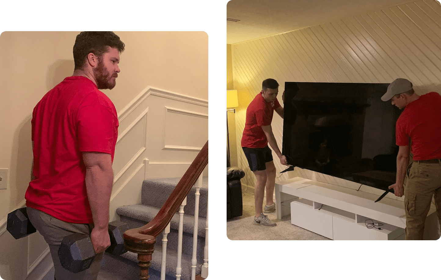 Two men lifting weights and TV.