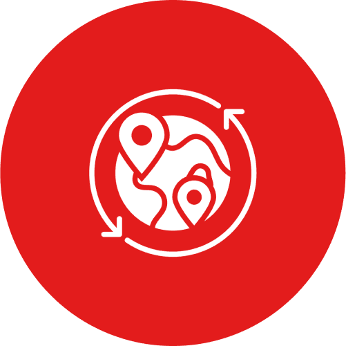 Map icons with circular arrows on red.