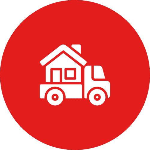 Truck with house icon on red circle.